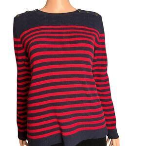 Talbots Navy Blue Red Stripes Pullover Sweater Medium Shoulder Buttons Cozycore